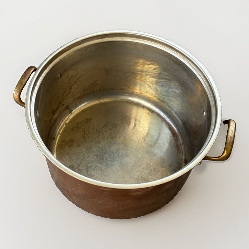 Vintage Copper Stock Pot Stainless Steel Lined Brass Handles 5.75" x 9.5" Patina - Picture 2 of 7